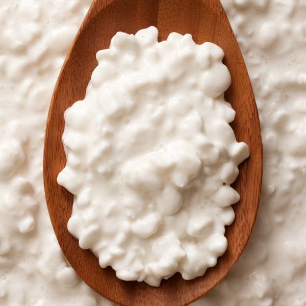 Cottage cheese in a wooden spoon